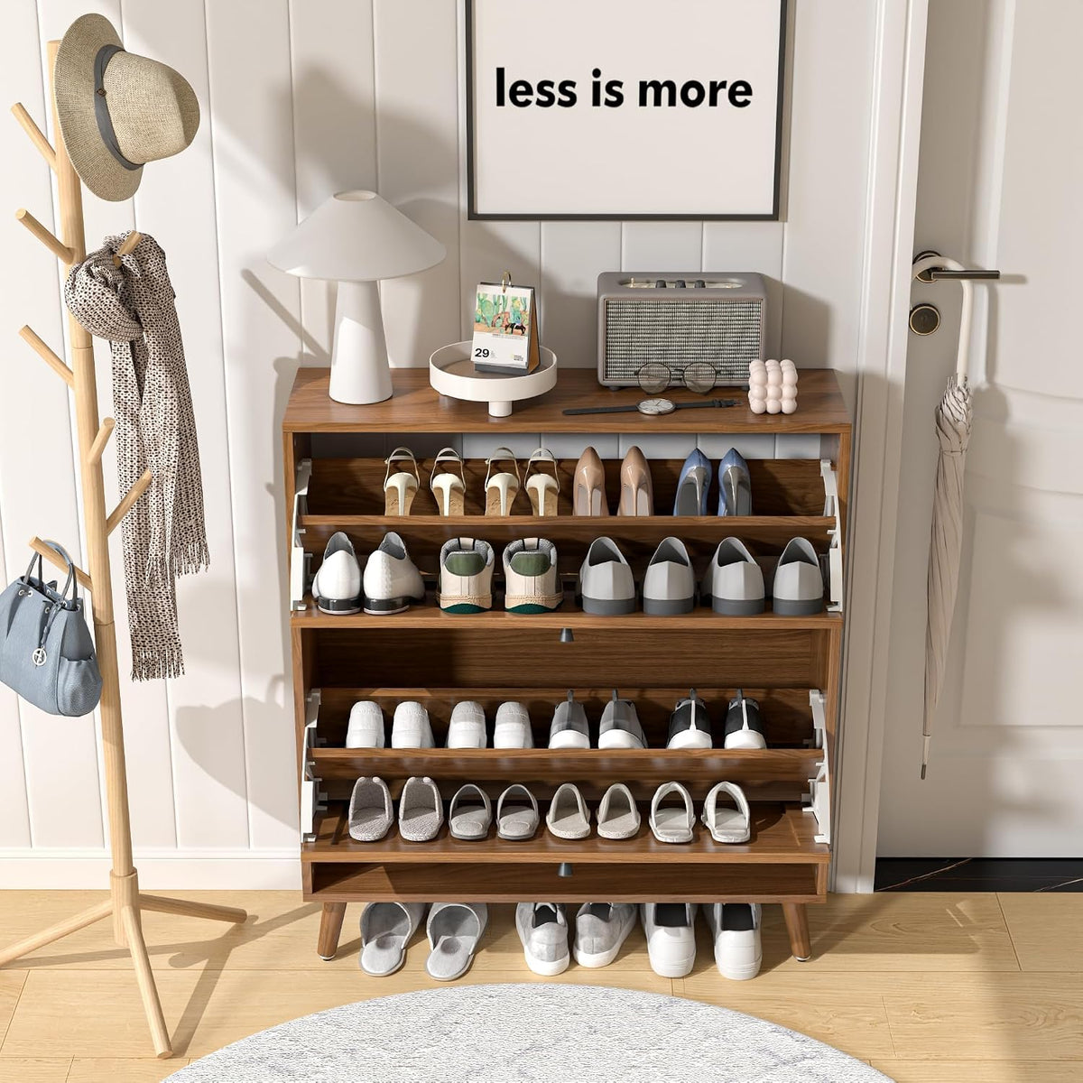 Interior view with both flip drawers open showing multiple rows of shoes and removable, adjustable shelf partitions