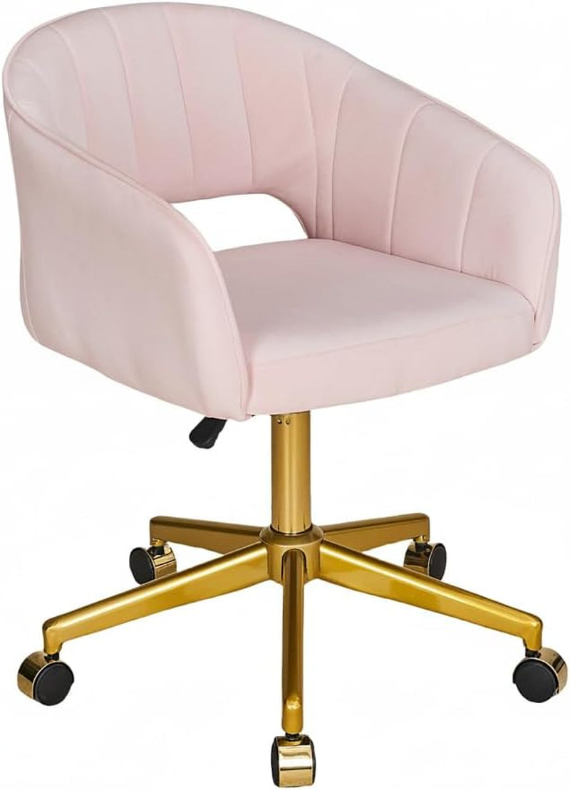Light pink velvet swivel armchair with channel-tufted curved back and gold five-star caster base.