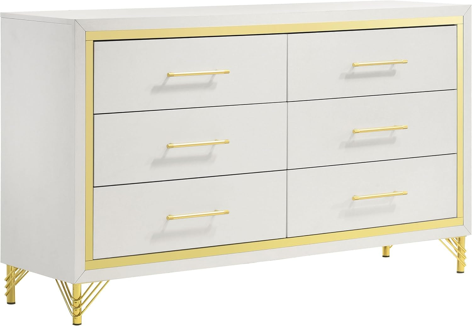 Angled three-quarter view of a six-drawer white dresser with gold trim, bar handles, and gold legs