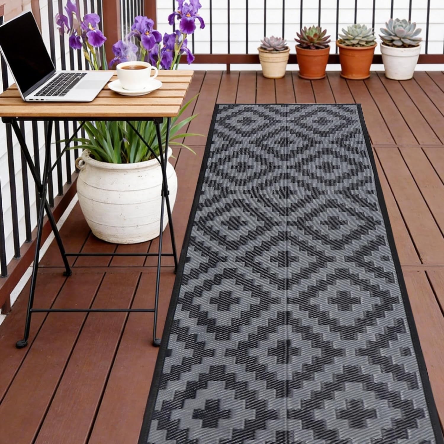 Waterproof Outdoor Rug 5x8 ft, Plastic Reversible Rug, Modern Area Rug, Large Floor Mat for Outdoors, RV, Patio, Backyard, Deck, Picnic, Beach, Camping, Black & Beige