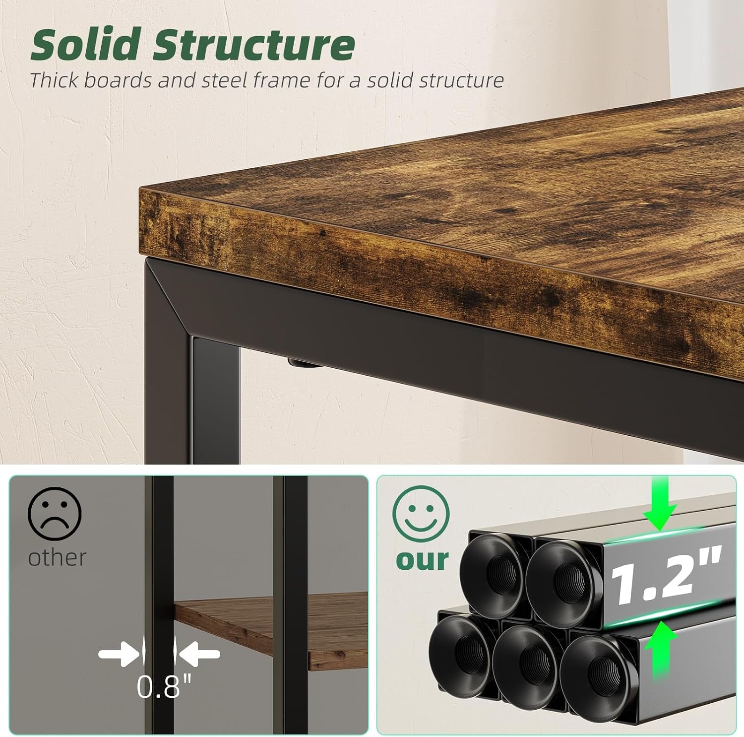 Close-up of the wood tabletop edge and black metal frame highlighting thick boards and steel frame