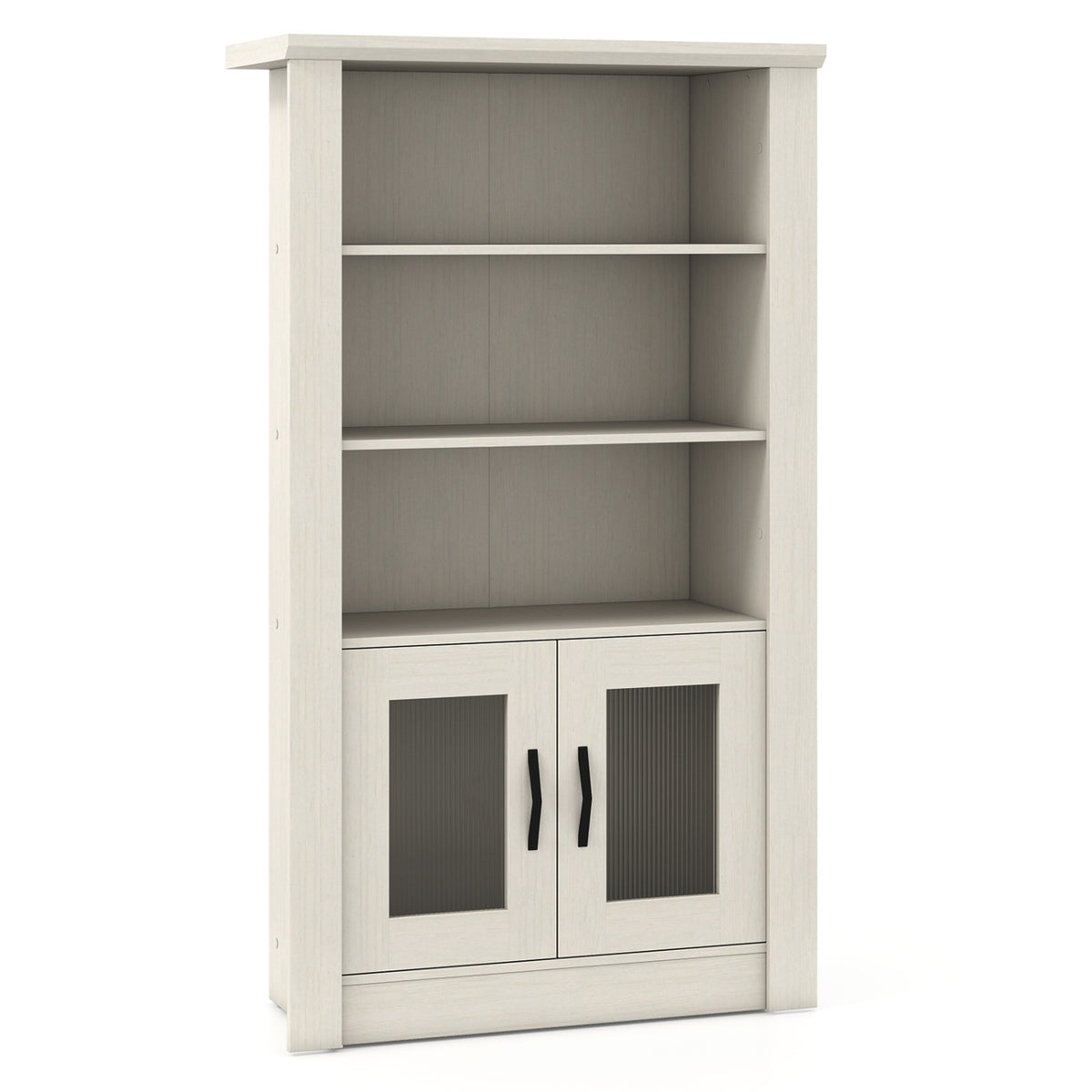 White bookcase shown empty, with three open shelves above two fluted translucent cabinet doors.