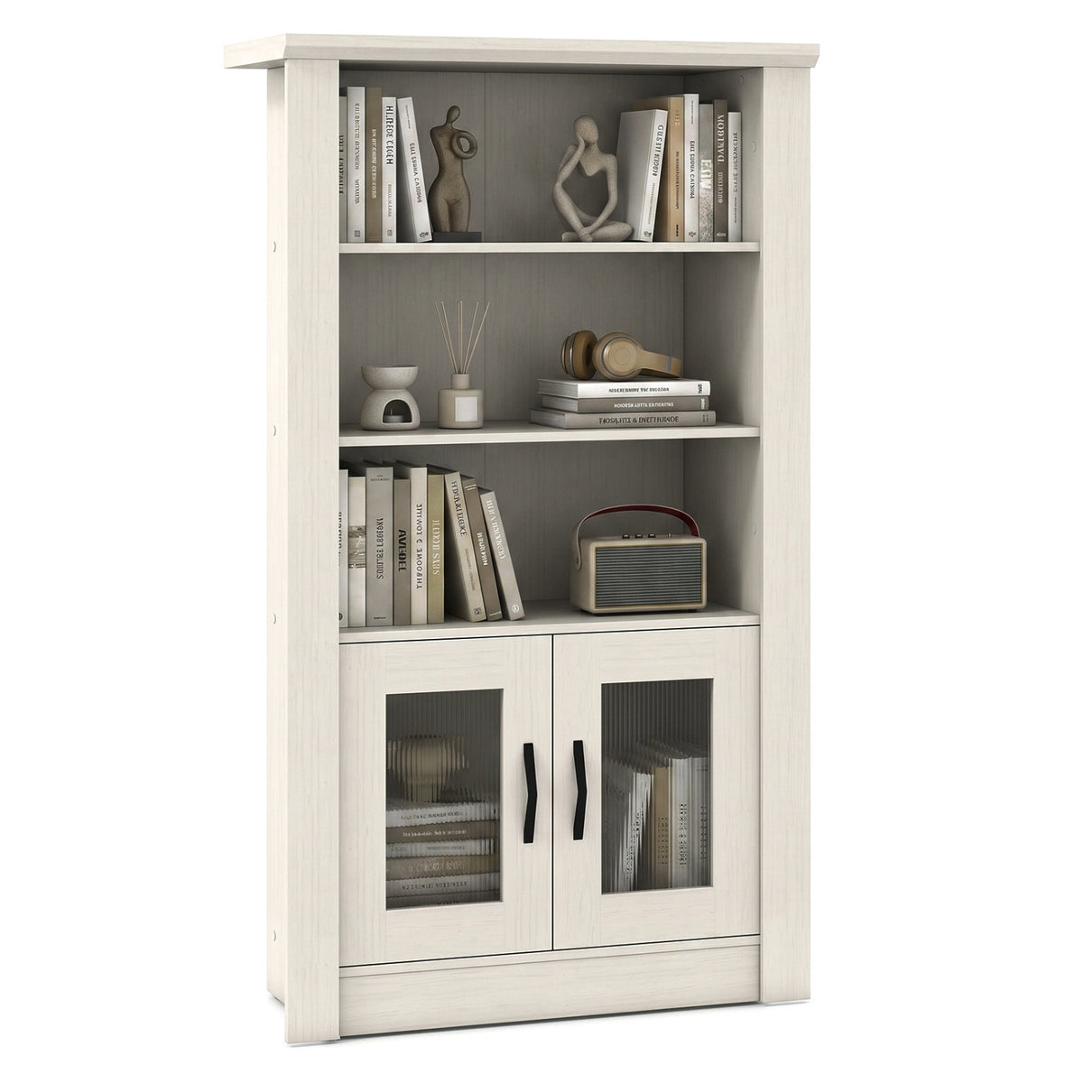 White bookcase holding books and small decor, with two fluted translucent doors below.
