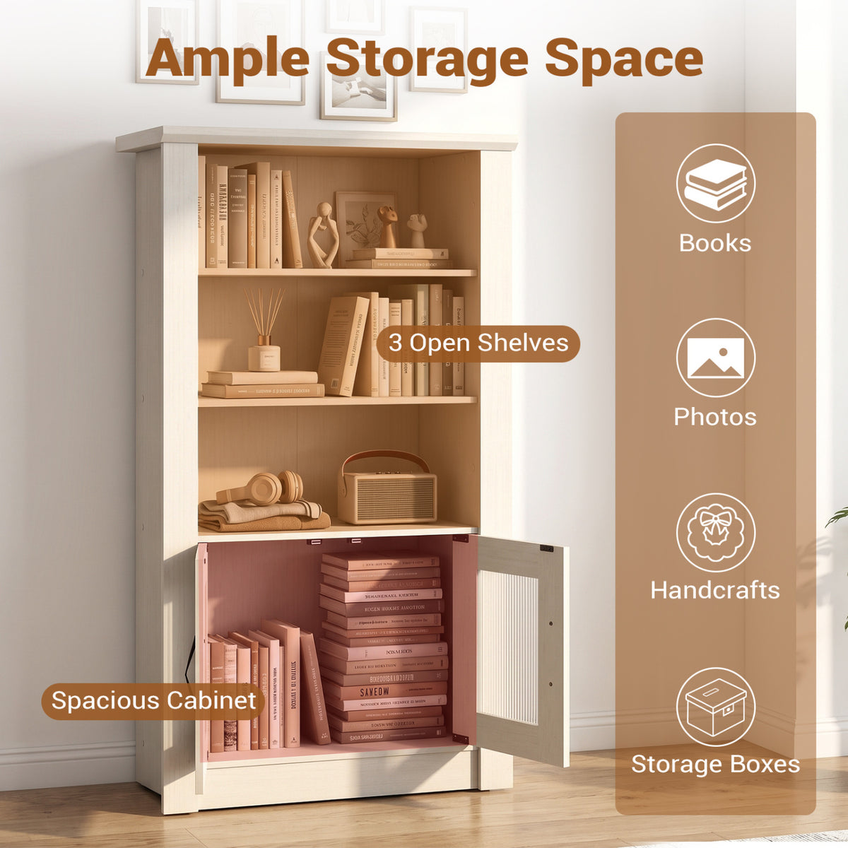 White bookcase with an open lower cabinet door displays books and decor on its shelves and inside the cabinet.
