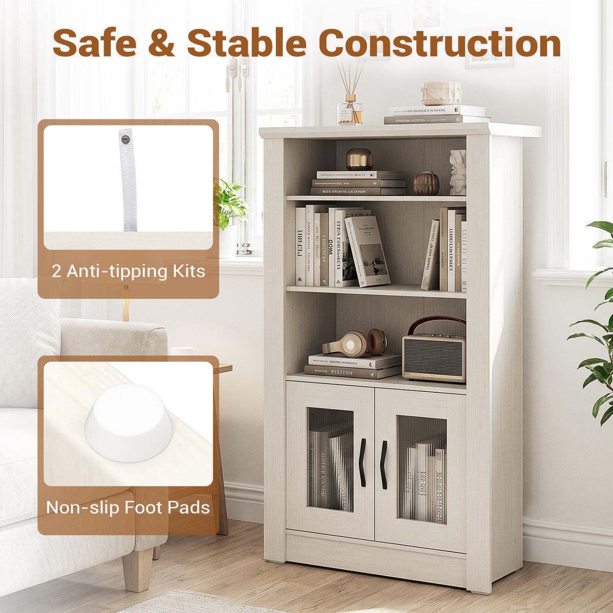 White bookcase stands in a bright room, with inset images showing a wall strap and a round foot pad.