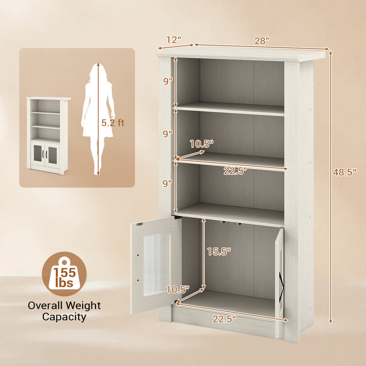 White bookcase shown with one lower door open and measurement arrows around its shelves and cabinet.