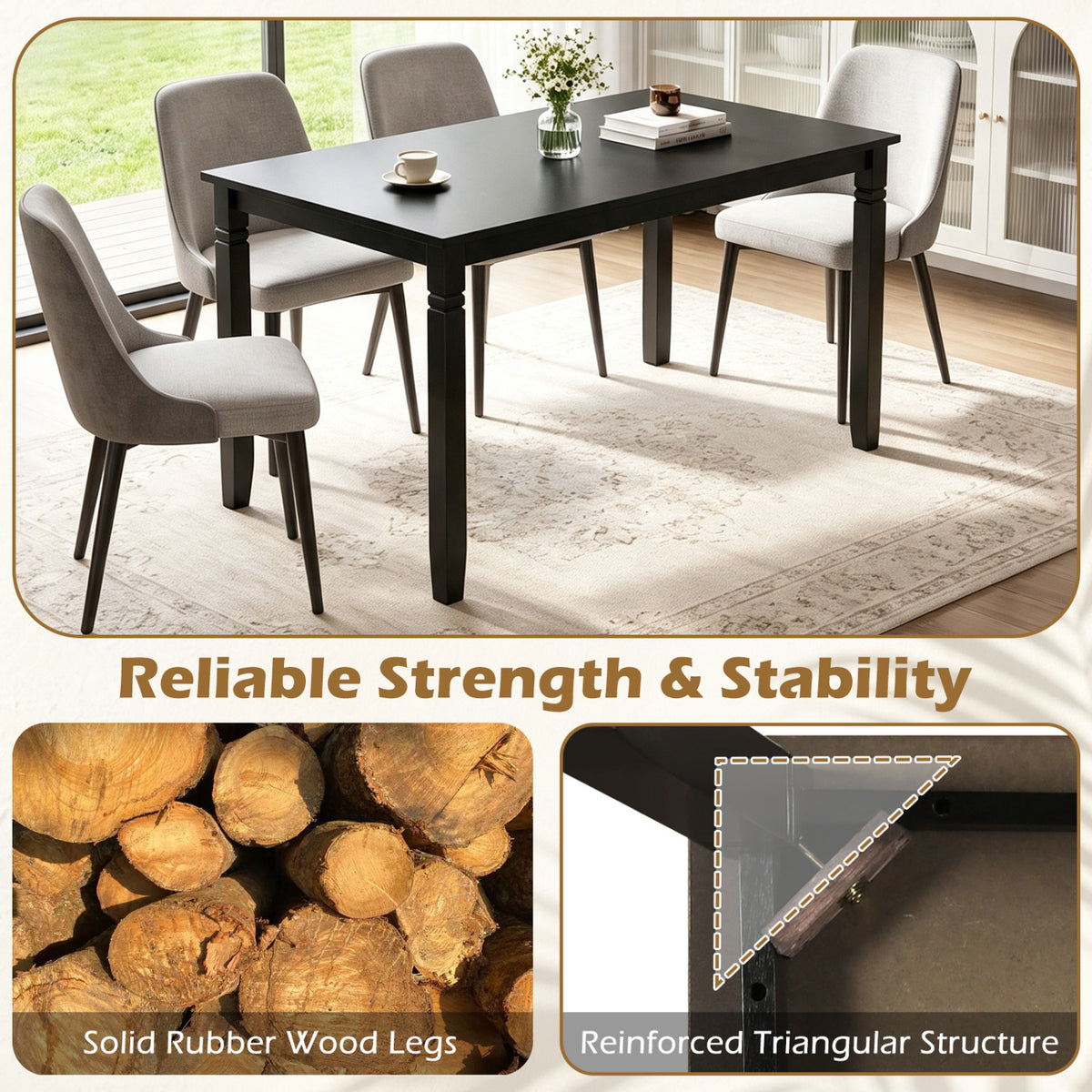 Black table with light upholstered chairs, plus close-ups of wood logs and a corner support bracket.