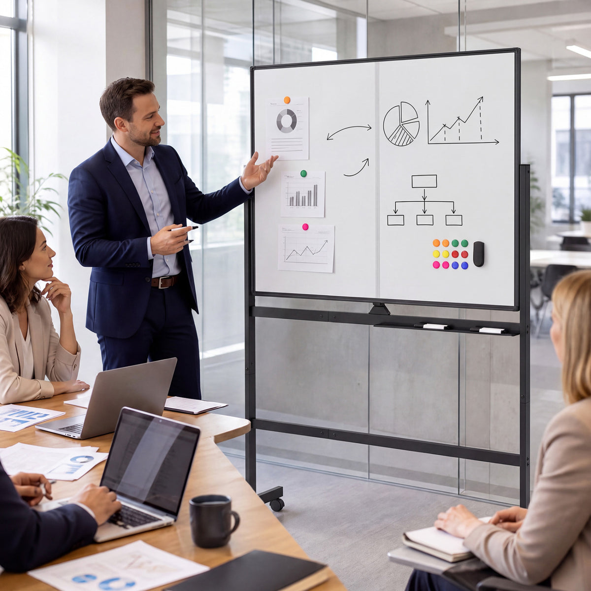 A man presents diagrams on a mobile whiteboard while colleagues sit around a conference table.