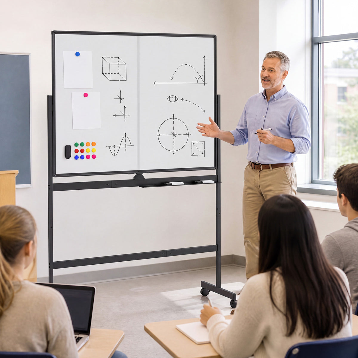 A presenter gestures toward diagrams and colored magnets on a mobile whiteboard in a classroom.