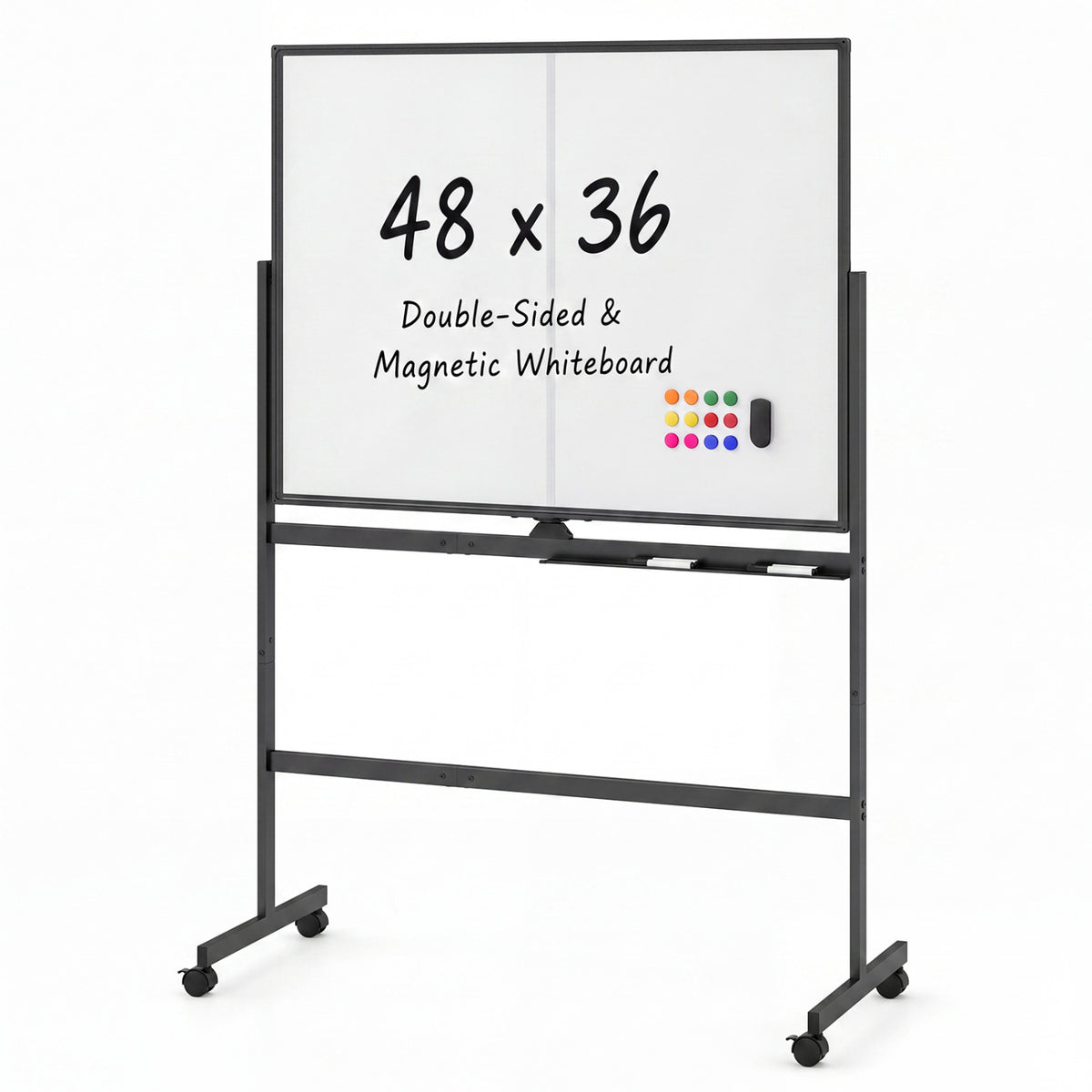 A freestanding mobile whiteboard on wheels with colored magnets and an eraser against a white background.