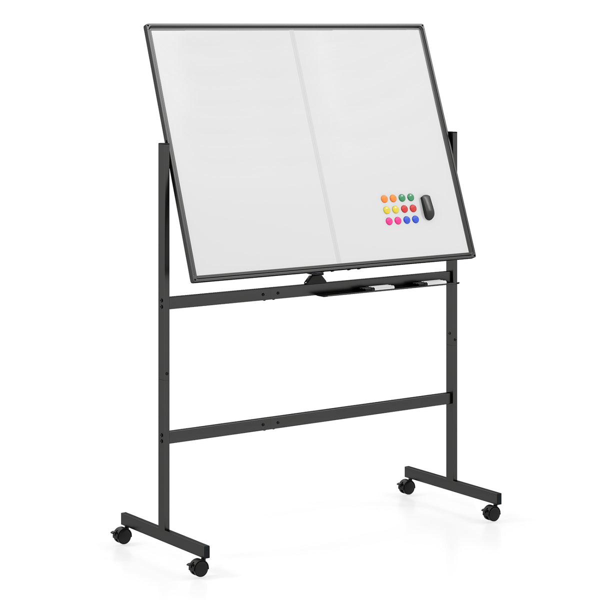 A blank double-sided whiteboard tilted in its dark wheeled frame, with colored magnets and an eraser.