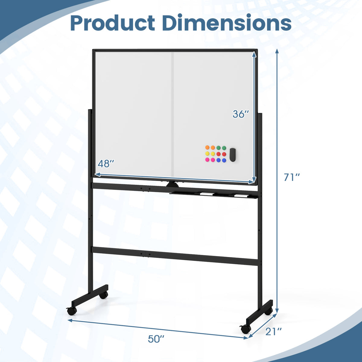 A wheeled double-sided whiteboard shown with arrows marking its board and stand dimensions.