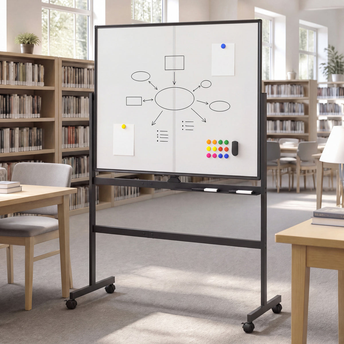 A mobile whiteboard with colored magnets and sketched diagrams stands in a bright room with bookshelves.