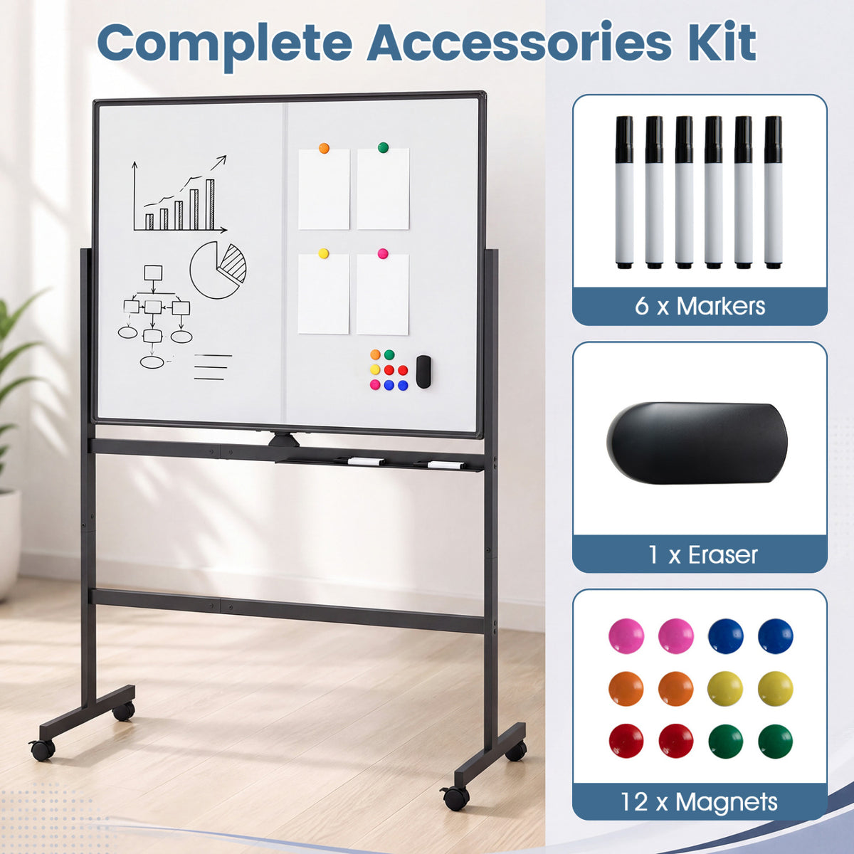 A wheeled whiteboard is shown beside markers, an eraser, and colorful magnets.