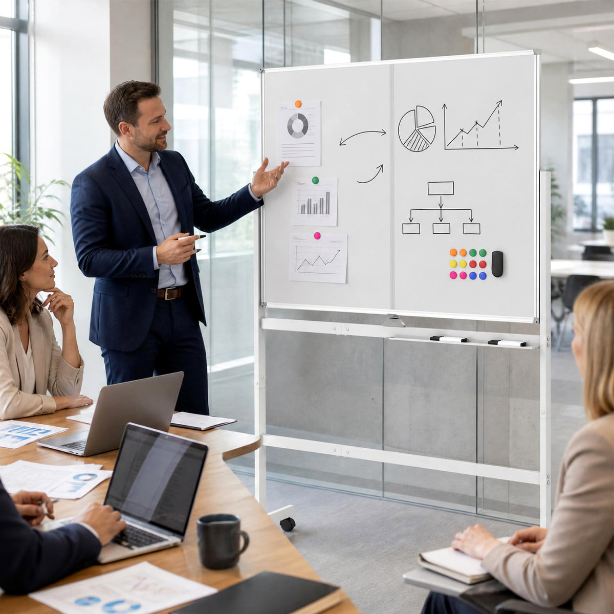 A presenter gestures toward a wheeled whiteboard as colleagues meet around a conference table.