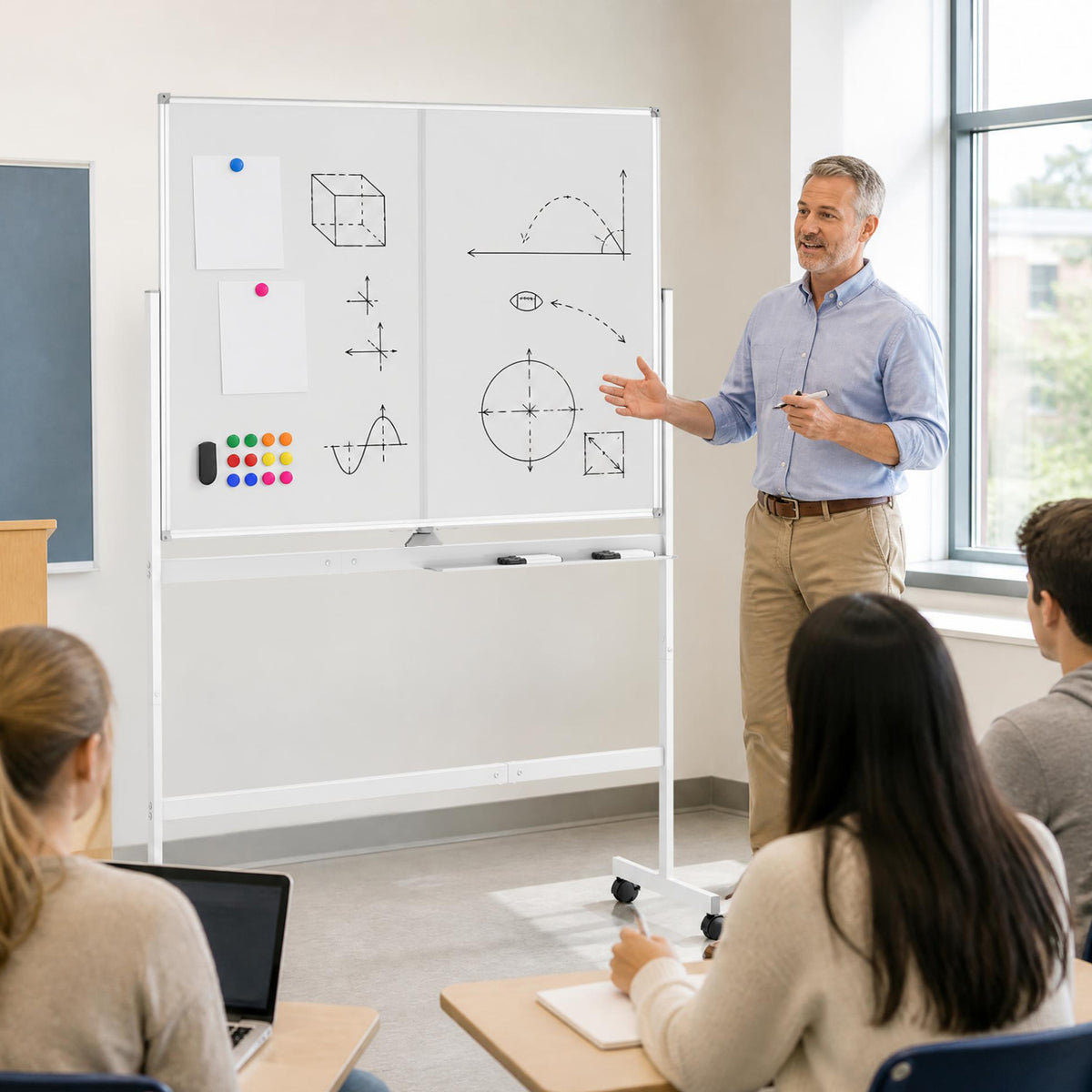 A presenter stands beside a wheeled whiteboard covered with diagrams as students watch.