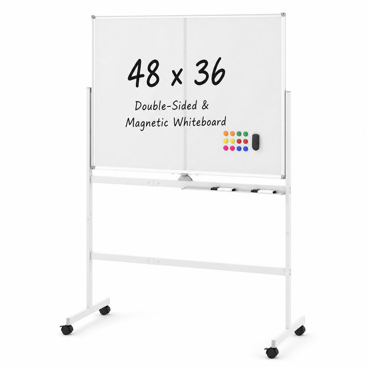 A freestanding whiteboard on a rolling frame, with colorful magnets and markers on its tray.