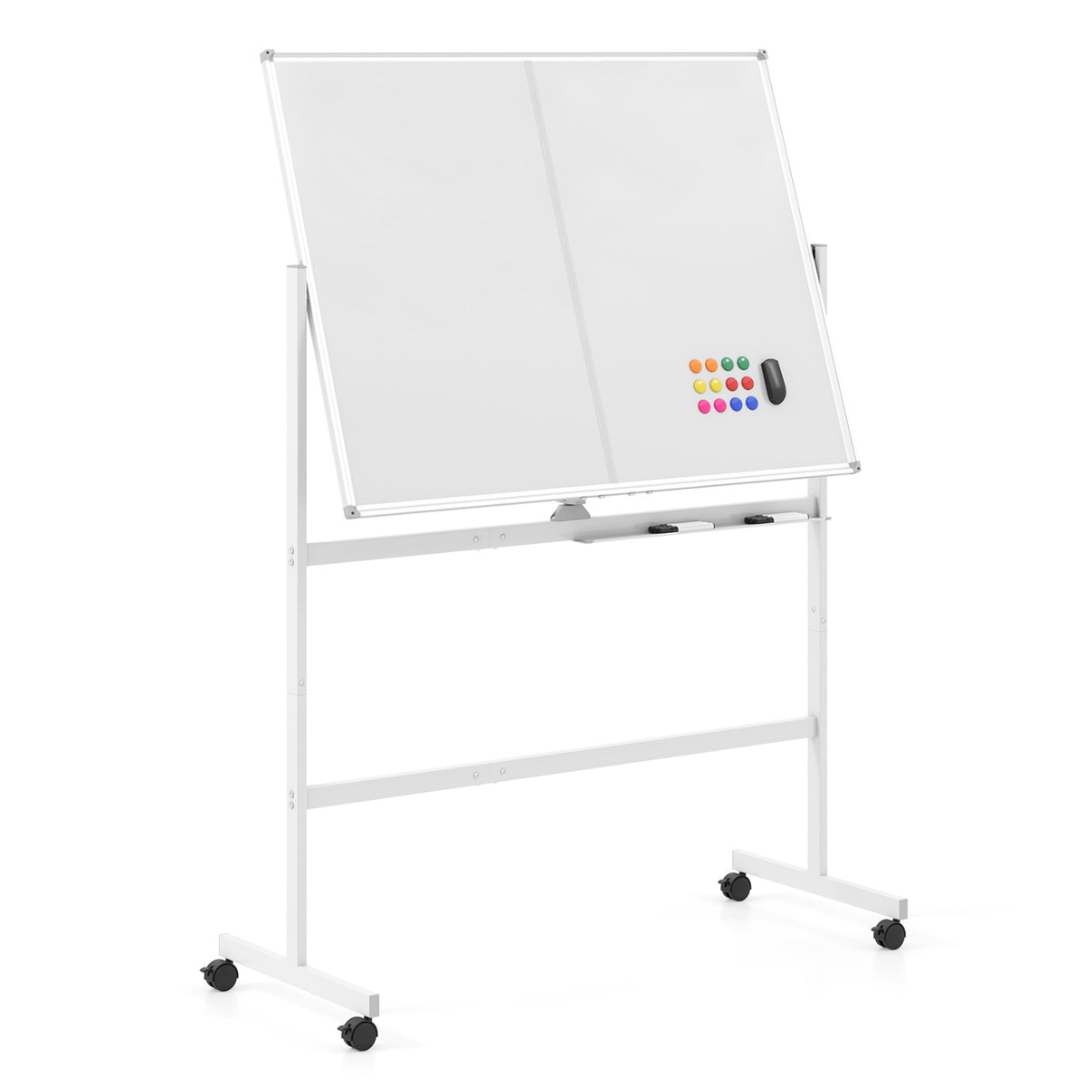 An angled view of a freestanding whiteboard on a wheeled frame, with magnets on its blank surface.