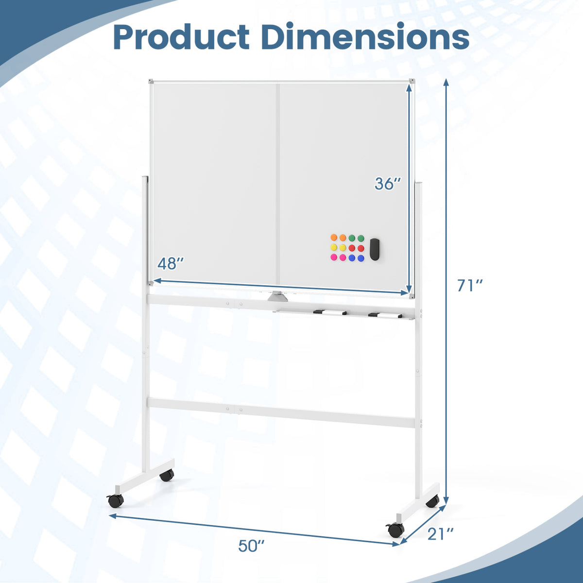 A mobile double-sided whiteboard shown with arrows marking its width, height, depth, and board dimensions.