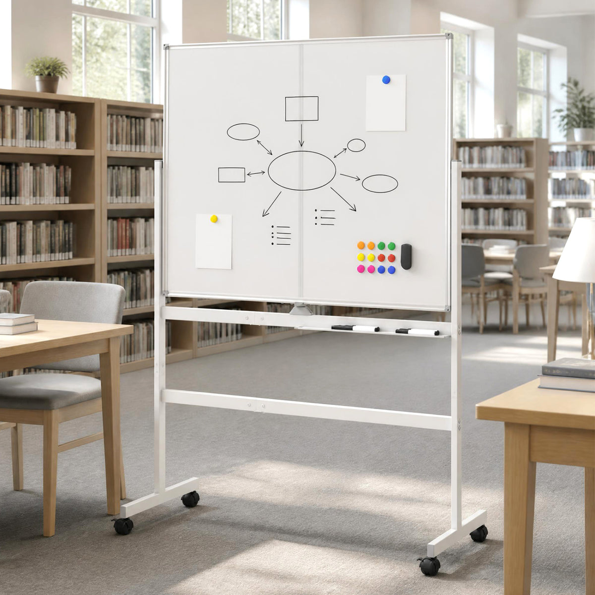 A wheeled whiteboard with marker drawings and colorful magnets stands in a bright library seating area.