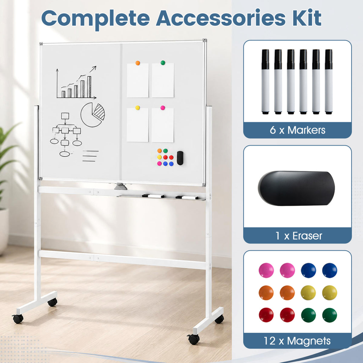 A mobile whiteboard beside a display of markers, an eraser, and colorful magnets.