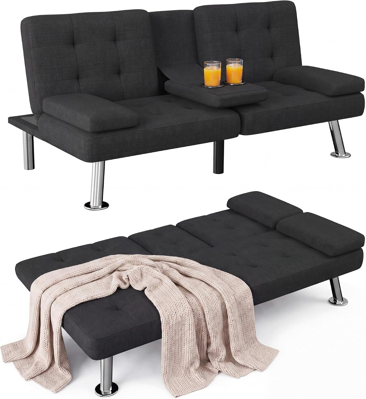 Charcoal futon sofa and flat bed configuration with folded center armrest holding two glasses and a beige throw.