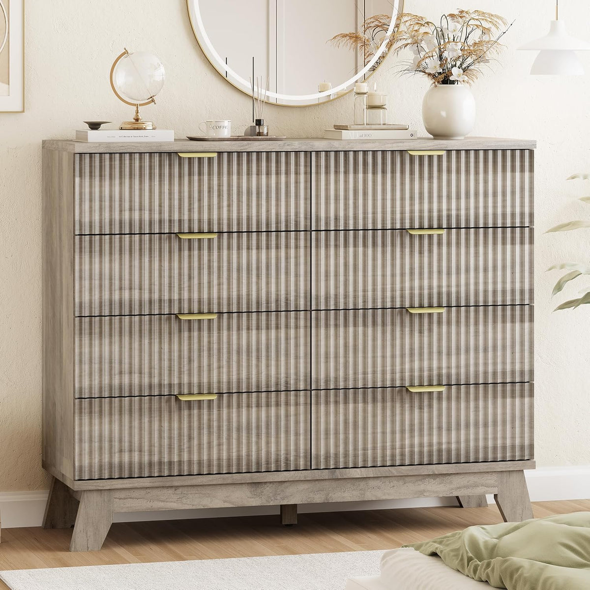 Front view of a weathered gray chest showing textured fluted fronts and a concrete‑tone plinth base.