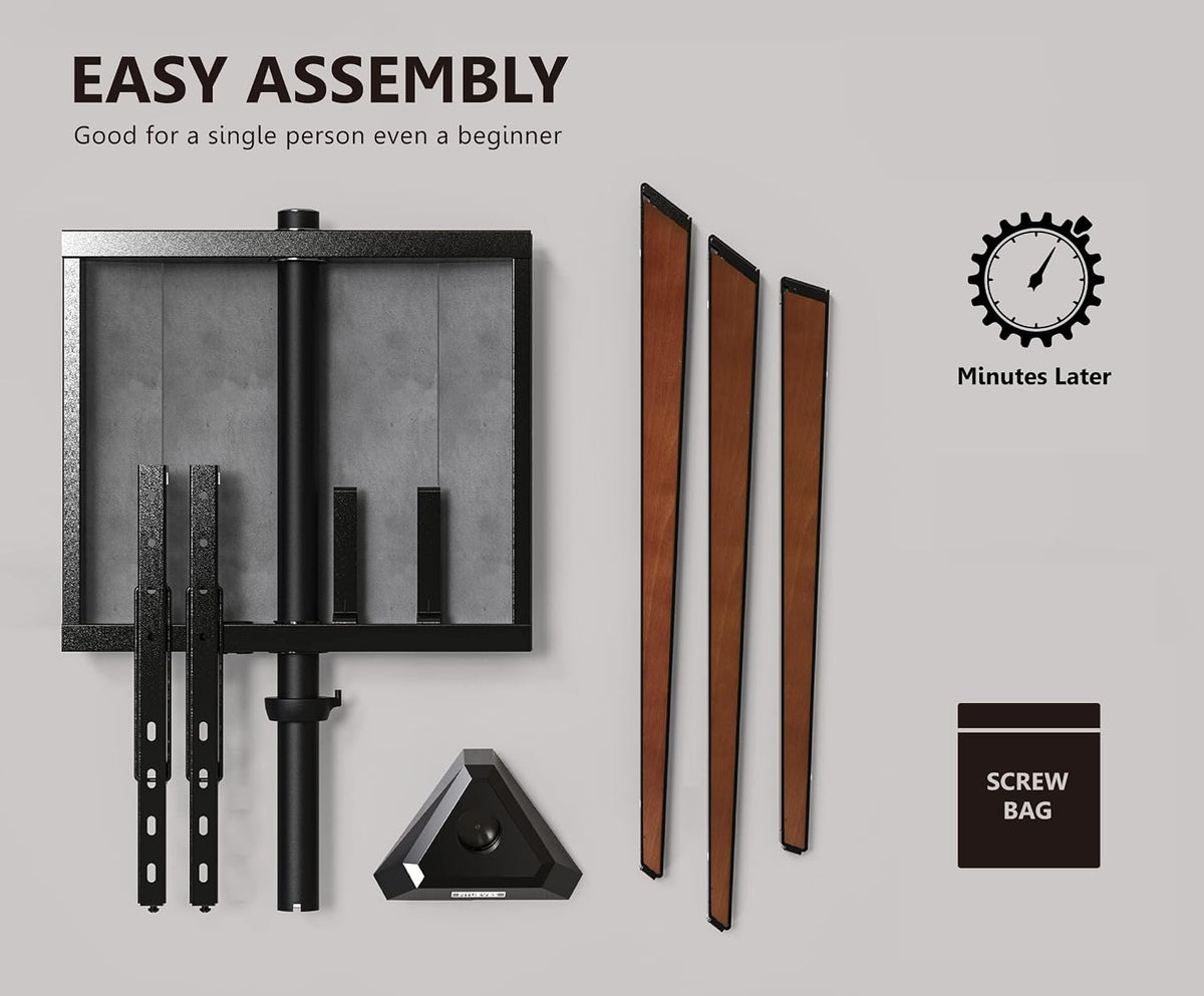 All disassembled parts laid out flat: three wooden legs, center post, mounting brackets, base piece and screw bag.