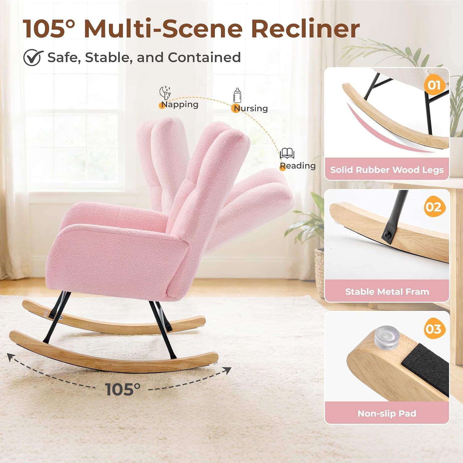Side view of pink rocker demonstrating reclining positions and close-ups of wooden rocker, metal frame, and non-slip pad