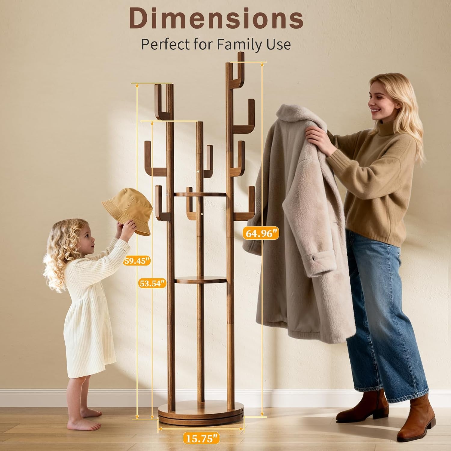 Graphic showing the hall tree with height markers and base diameter for scale with two people