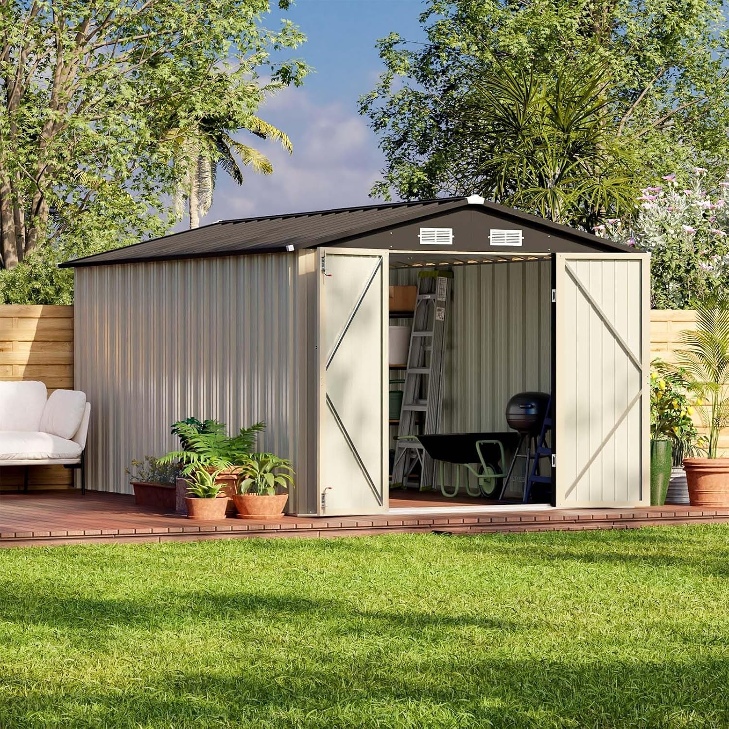 Beige metal garden shed with double doors open on a wood deck, potted plants and lawn in front.