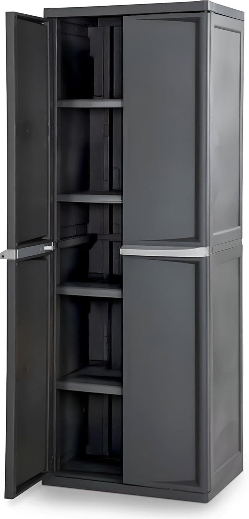 Dark gray tall plastic storage cabinet with both doors open showing four interior shelves, front view.