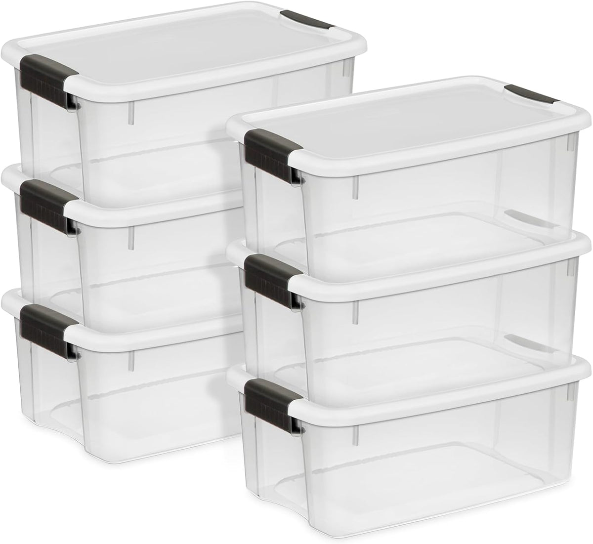 Angled close-up of two stacked clear storage bins showing white lids and textured black latch handles.