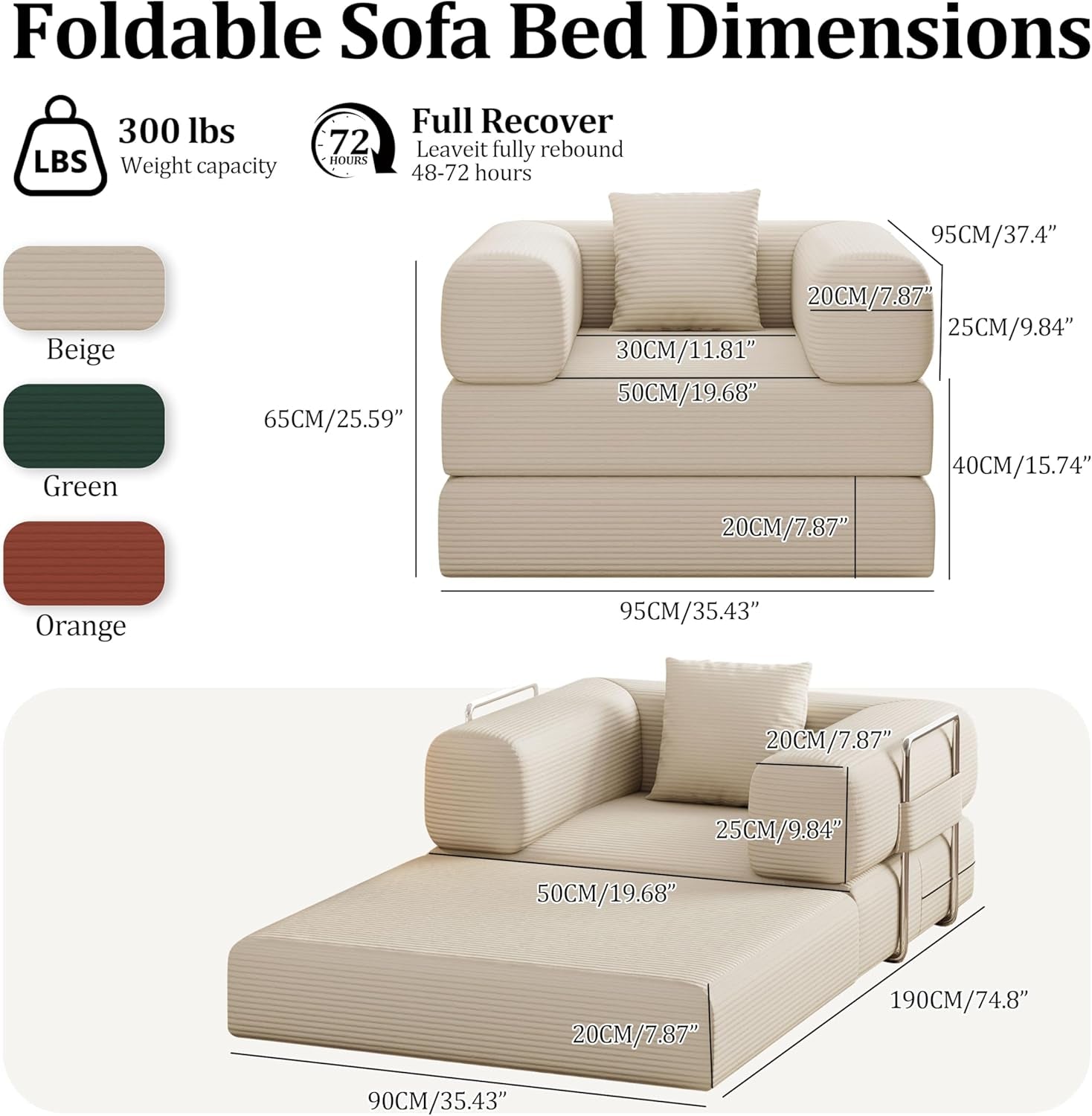 Single Couch Sofa for Small Spaces 2 in 1 Convertible Sofa to Lounger Comfy Bean Bag Chair for Adults with Removable Cover with Pillows for Bedroom, Apartment, Office (Beige, 35.43" Single Sofa)