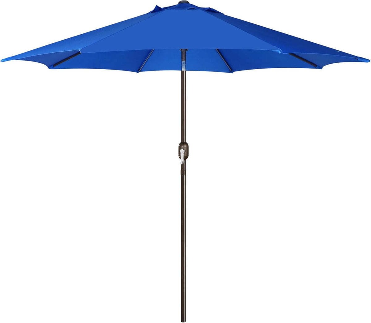 Front view of a bright blue patio umbrella open with a brown pole and visible crank mechanism.