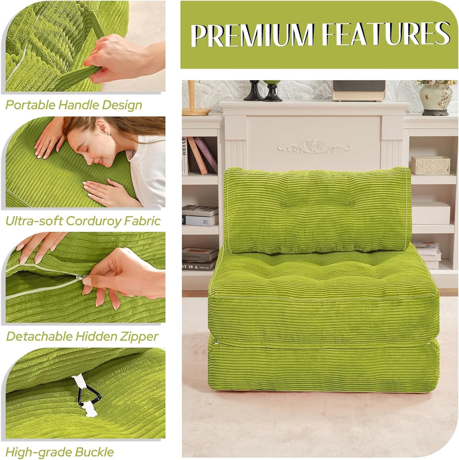 Man lying on fully unfolded green corduroy bed showing flat mattress and rolled pillow support
