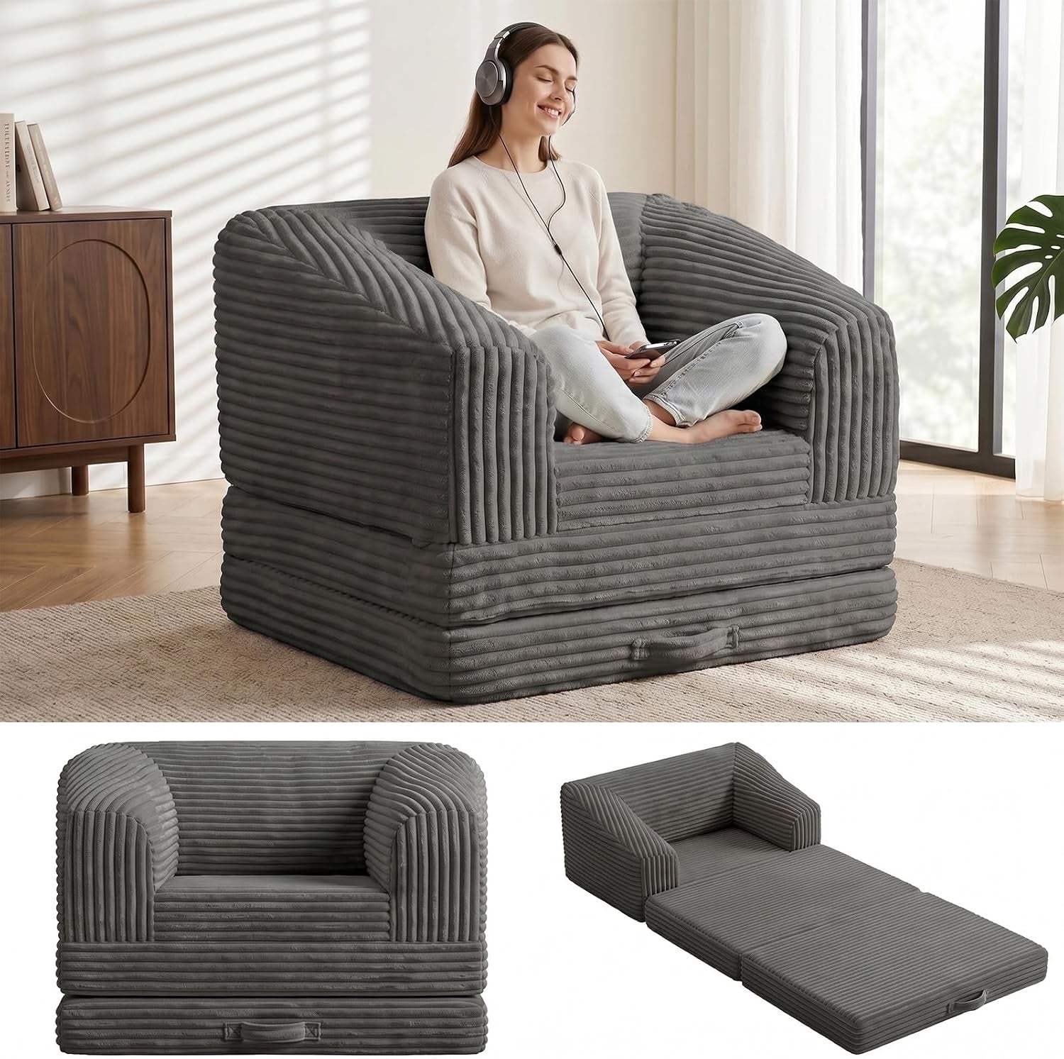 Person sitting cross‑legged on a charcoal corduroy foldable loveseat in a bright room.