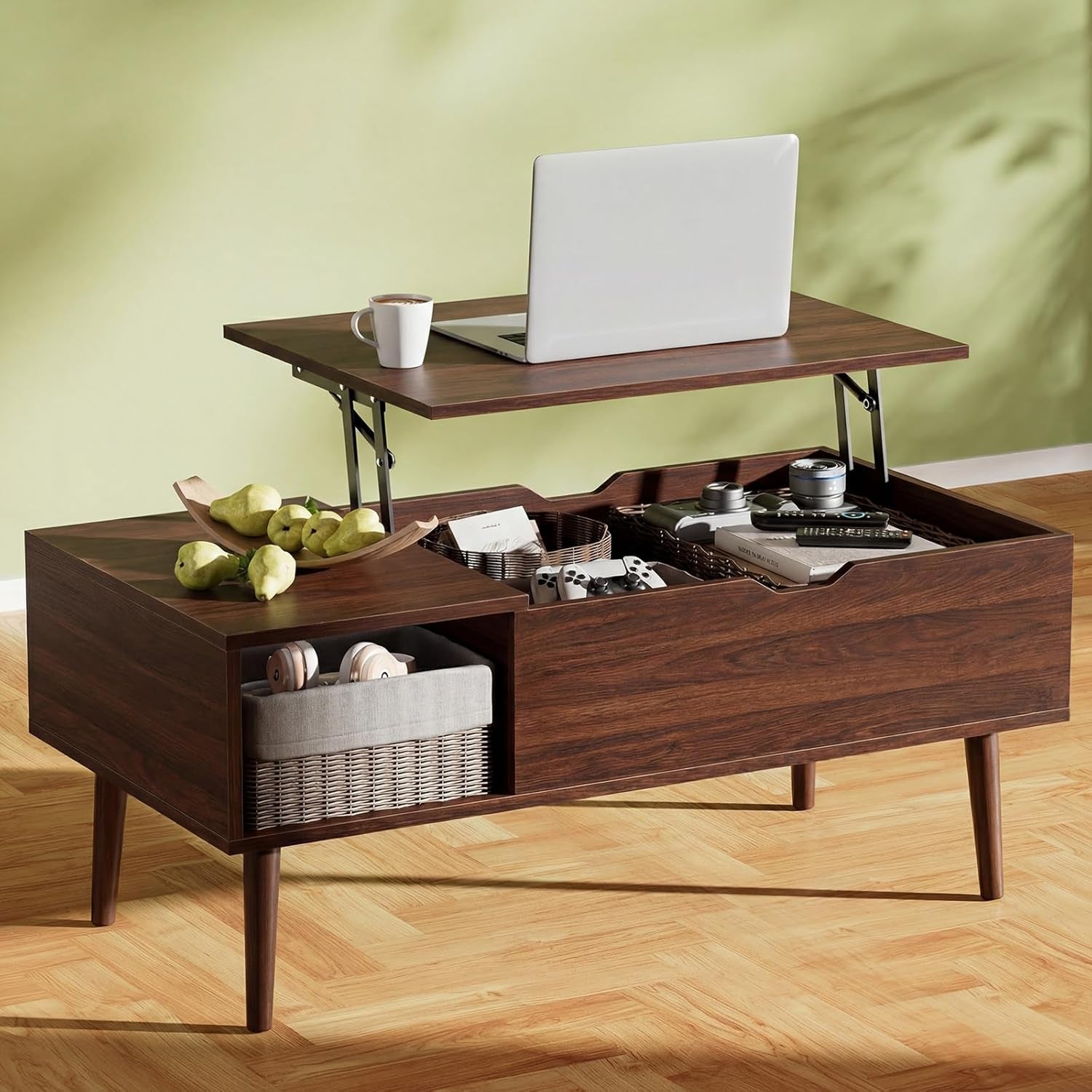 Dark wood lift-top coffee table with open top revealing storage and a side cubby with basket.