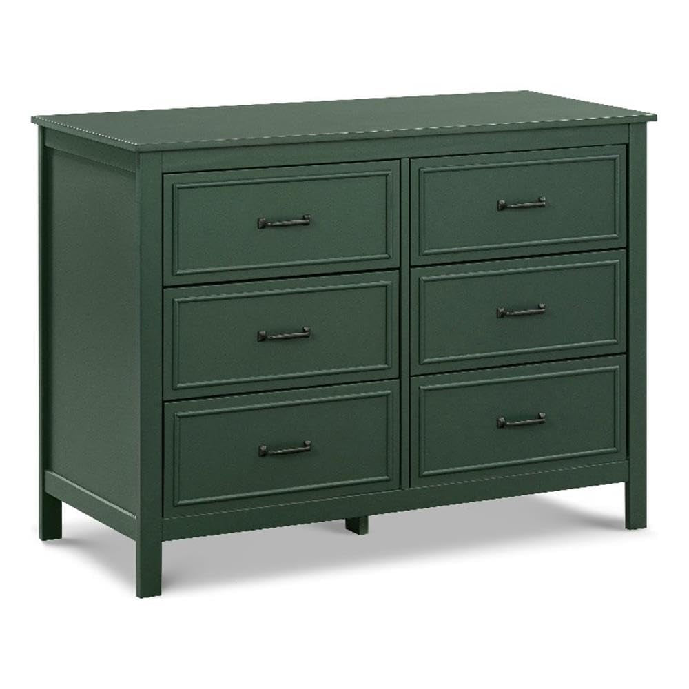 Full view of the same six-drawer dresser finished in a deep green color on a white background.