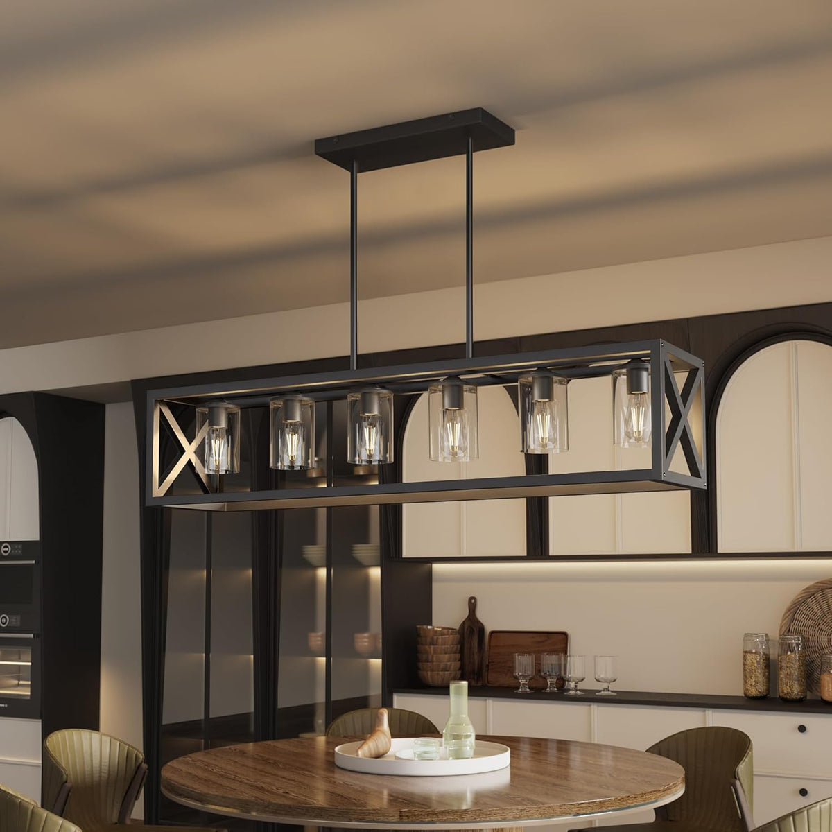 Side view of a dark metal rectangular chandelier showing exposed filament bulbs and X-brace ends.