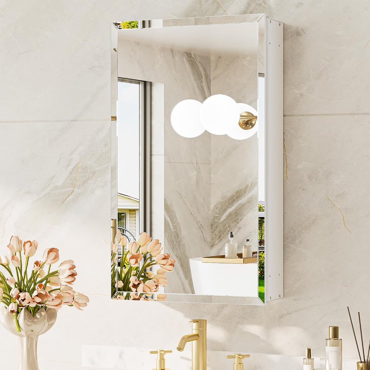 Rectangular mirrored medicine cabinet mounted above a sink, reflecting a window and wall sconce.