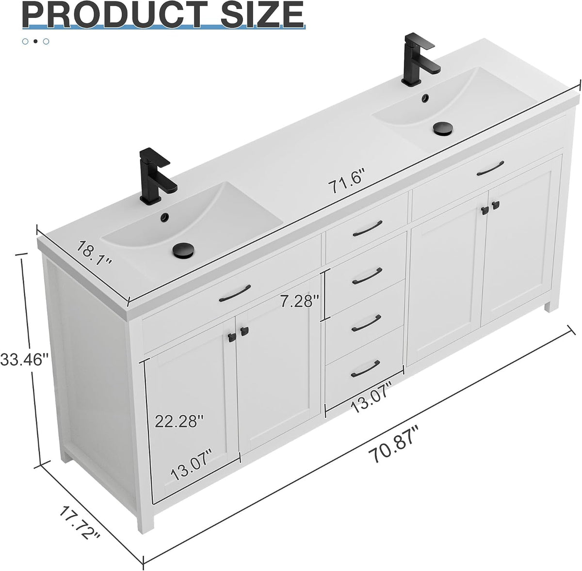 Illustration of vanity top with dimensional callouts showing 71.6" width, 18.1" depth and 33.46" height for the 72-inch model