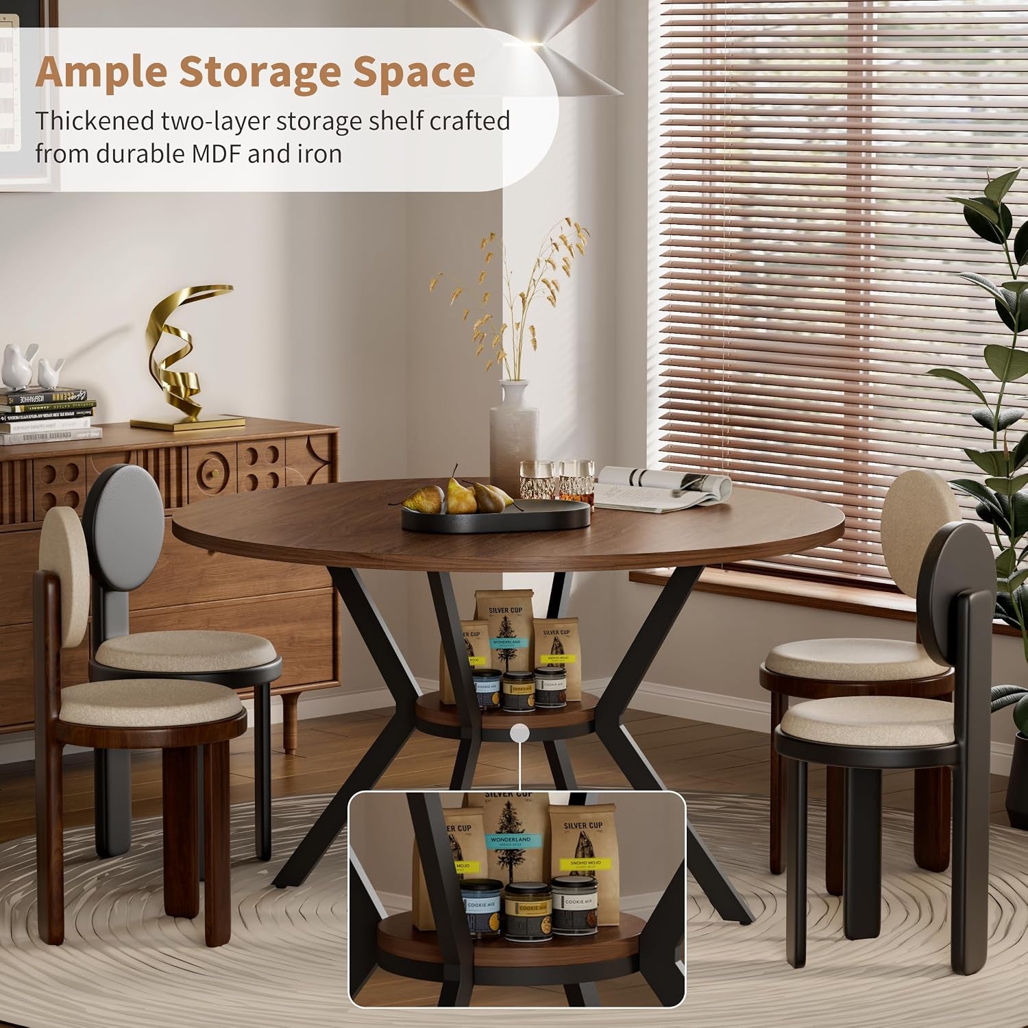 Styled dining scene showing the table's lower circular storage shelf stocked with jars and cans