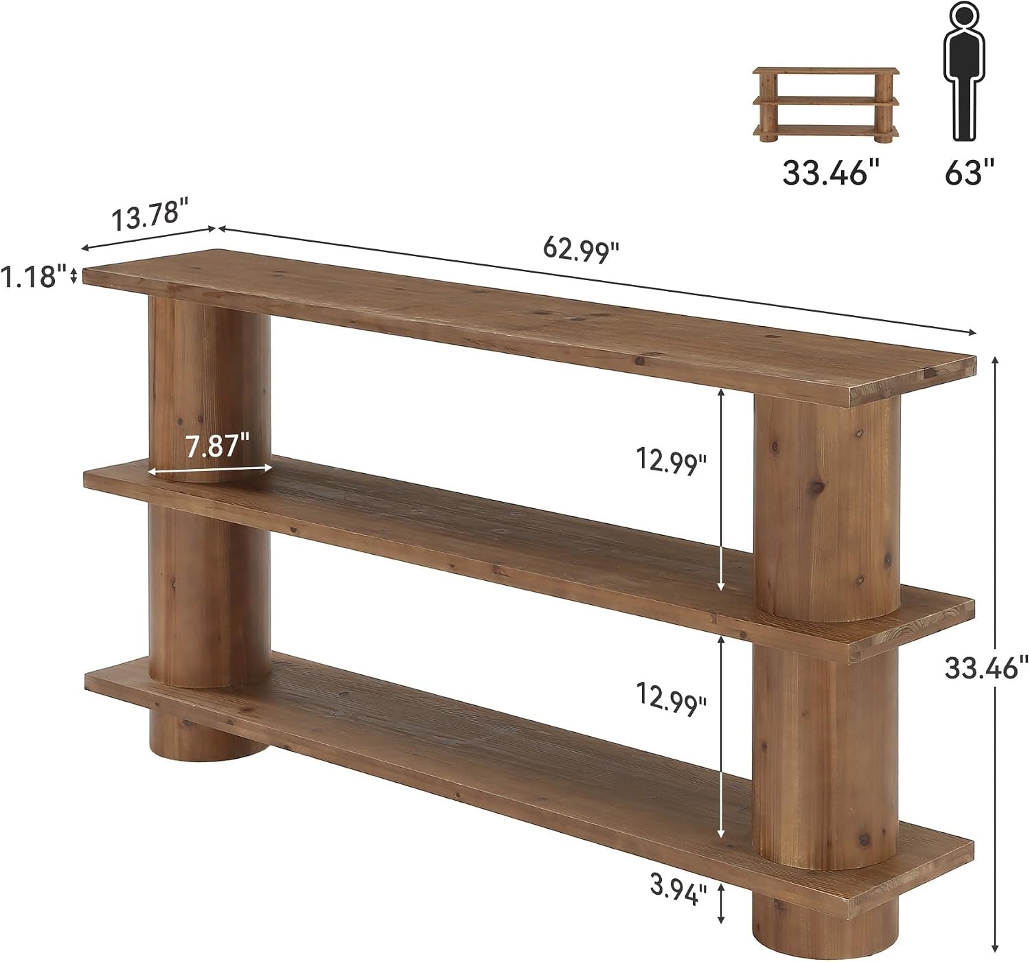 Dimensional diagram of the wooden console table showing 62.99-inch length, shelf spacing and circular leg measurements