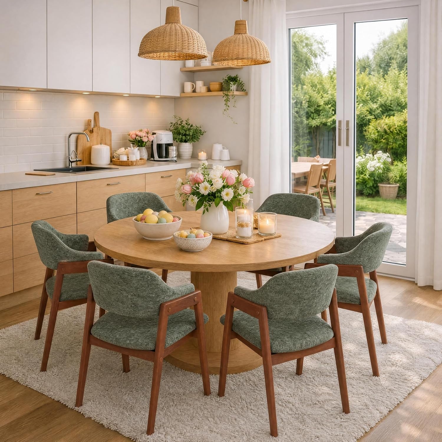 Round wooden table surrounded by six sage-green upholstered armchairs in a bright kitchen.