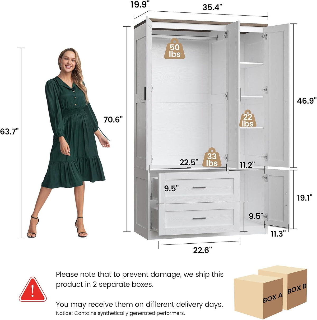 Dimension diagram of armoire interior showing hanging area, shelves and drawer measurements