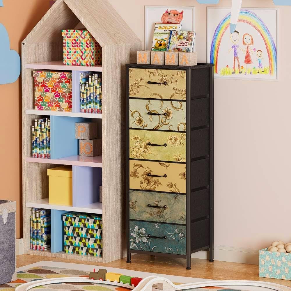 Storage dresser standing next to a toy shelf in a colorful children's playroom