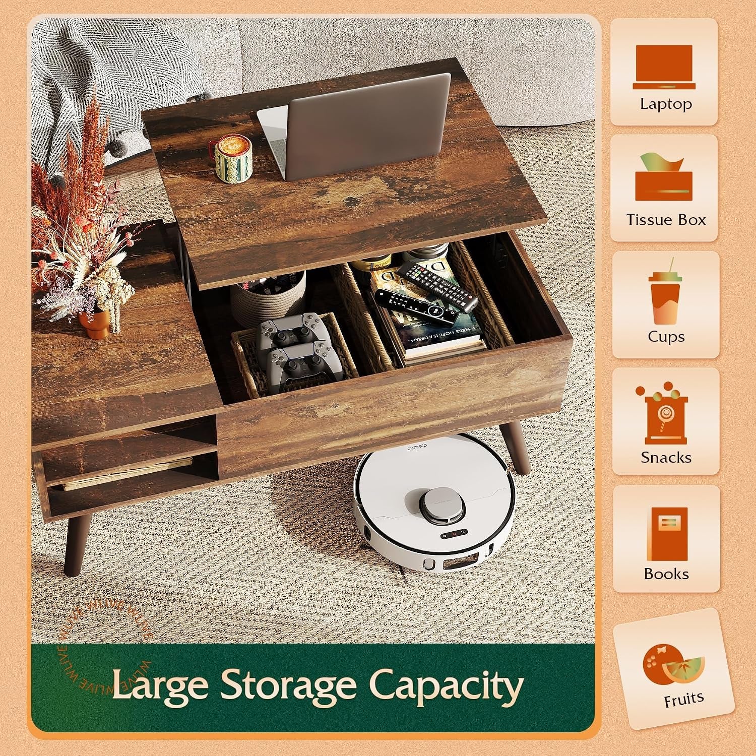 Top-down view of open hidden compartment filled with baskets and remotes beside a robot vacuum on the floor