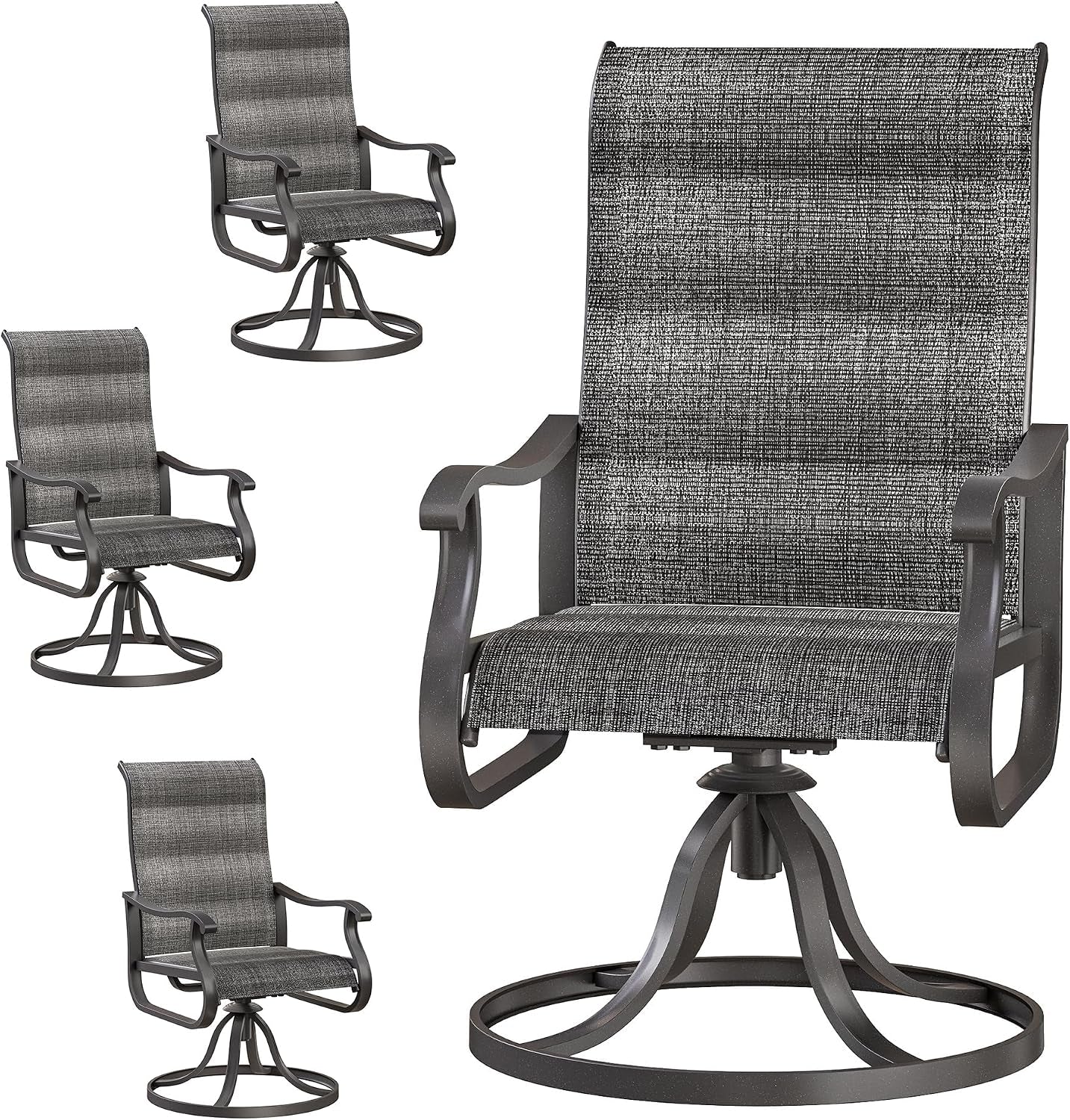 Close-up front view of a chair highlighting textured sling fabric, curved armrests, and the round swivel base