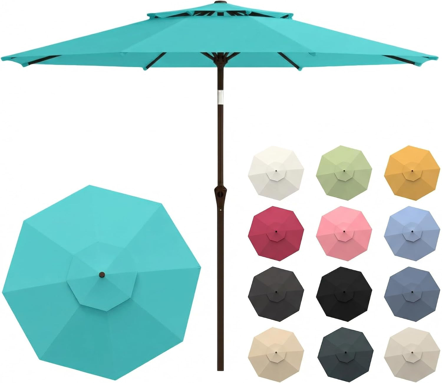 Teal 10ft patio umbrella open on brown pole with top vent and small color swatches at right